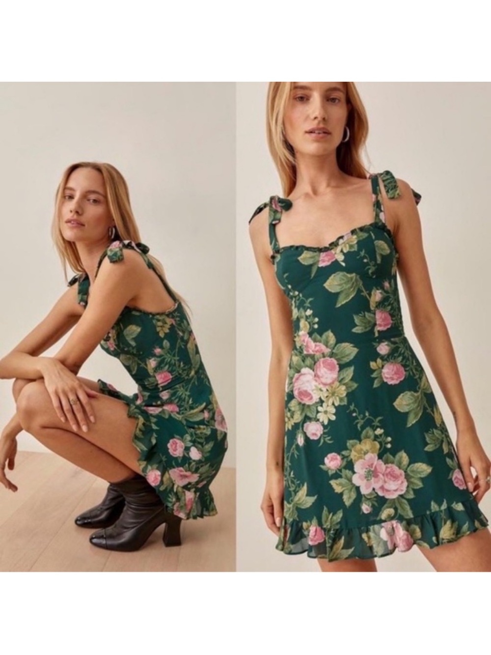 Reformation Green Floral Tie-Shoulder Mini Dress